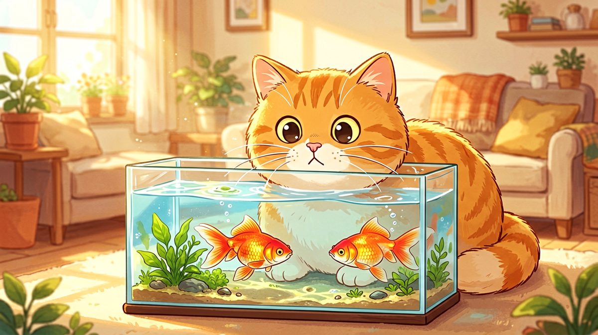 橘猫盯鱼三分钟，金鱼表示：你再这样我报警了。