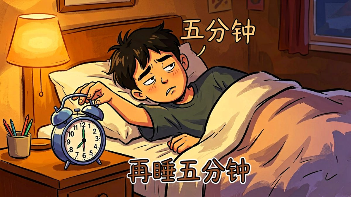 闹钟响了，主角不情愿地按掉，决定再睡一会儿。
