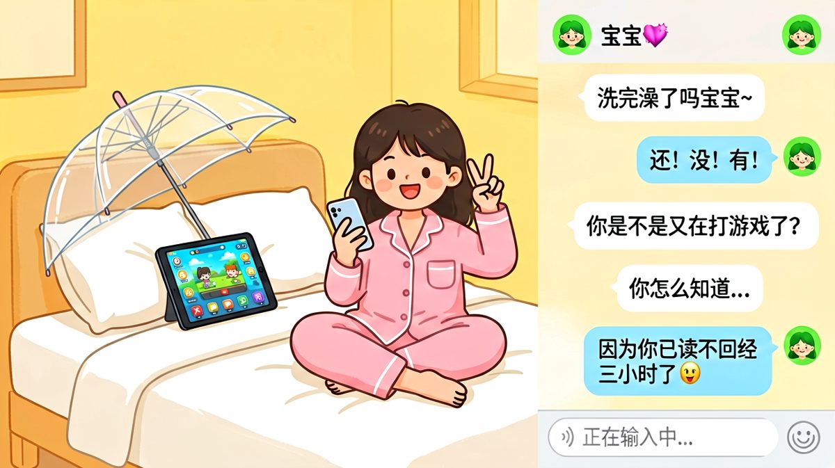 她以为自己在游戏里carry全场，却忘了男朋友一眼看穿她在洗澡时偷懒