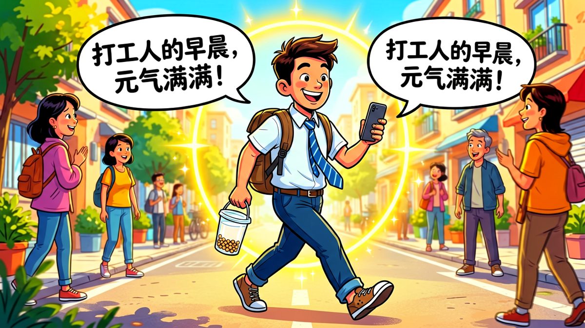 小明昂首挺胸走向公司，感觉自己今天一定能升职加薪