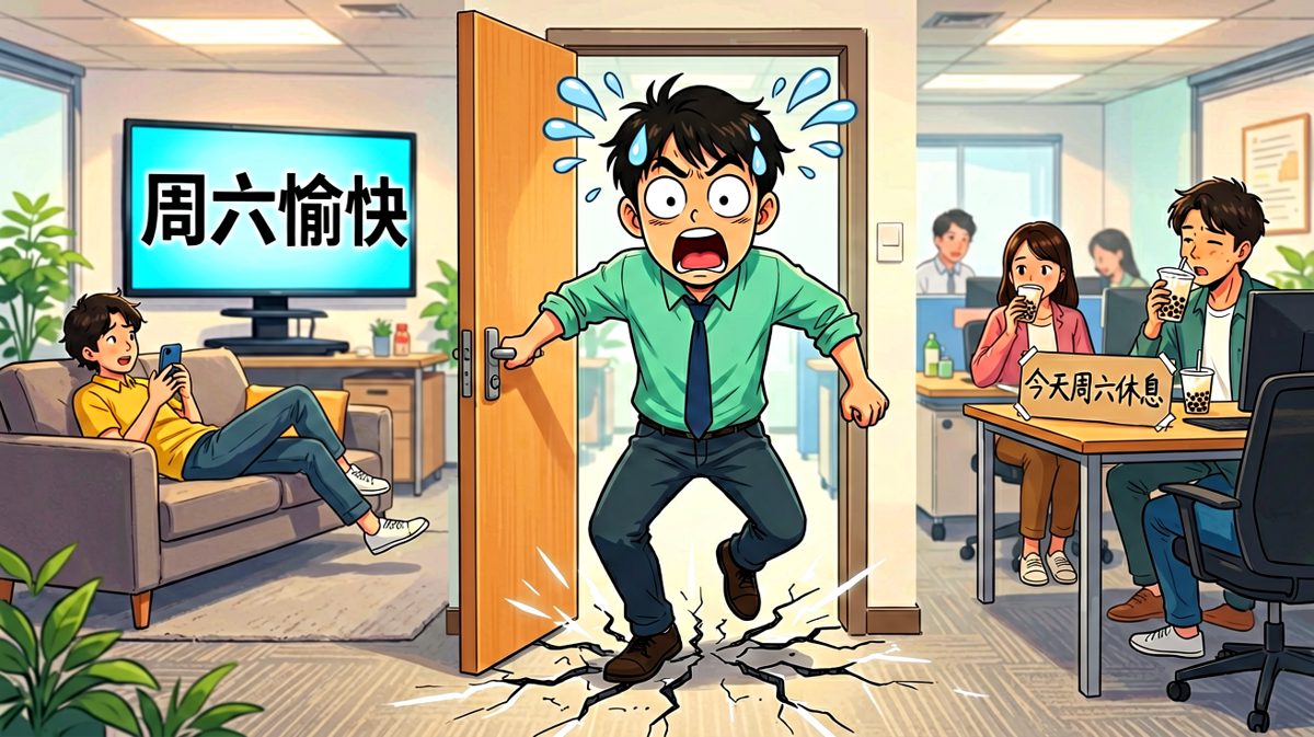 小明推开门，发现全公司都在过周末，而他穿着西装出现在工位前——整个人石化