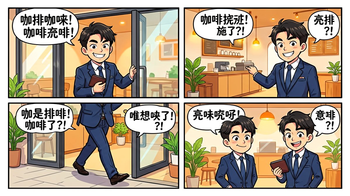 上班族信心满满走进咖啡店，准备享受一杯拿铁