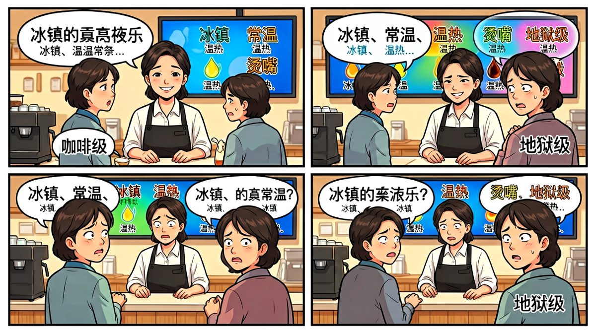 店员热情介绍各种温度选项，上班族首次感到一丝疑惑