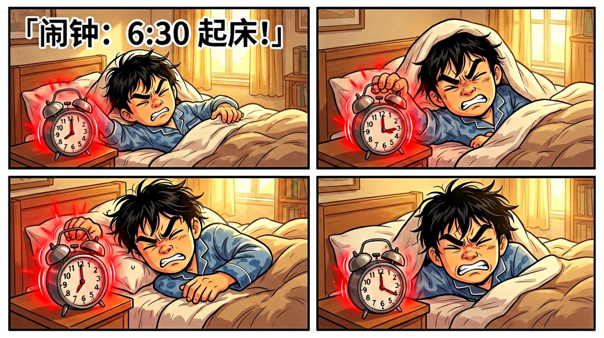 第1格：闹钟响起，打工人选择装死。