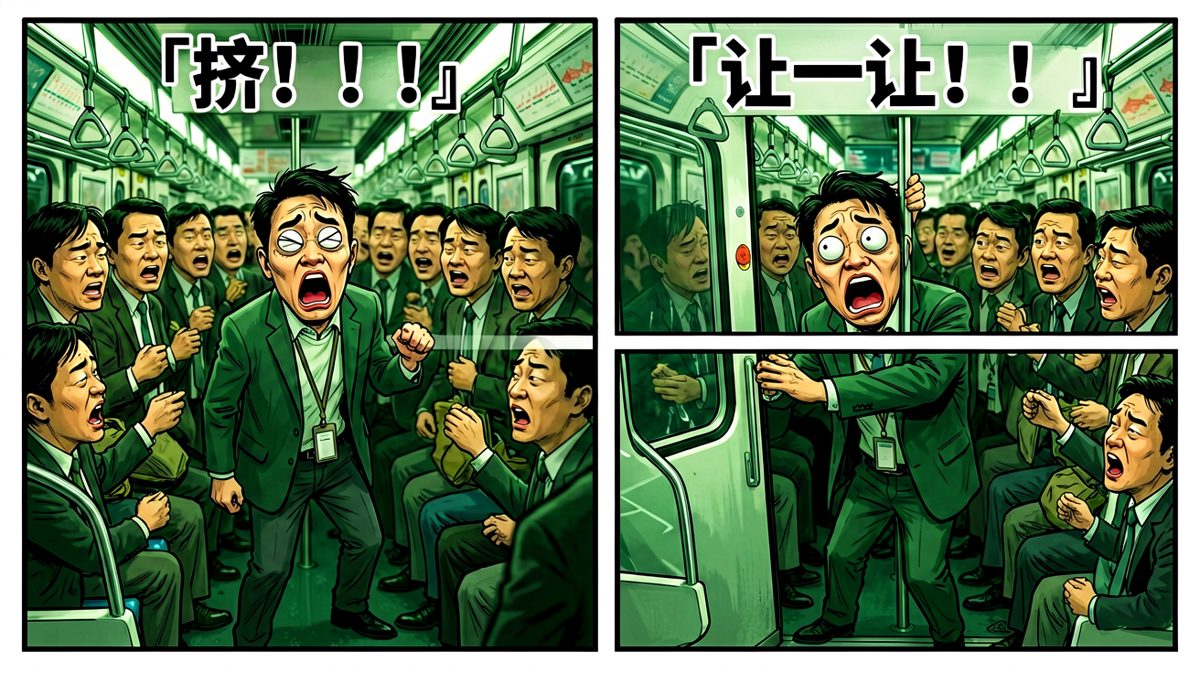 第3格：早高峰地铁，灵魂已被挤扁。
