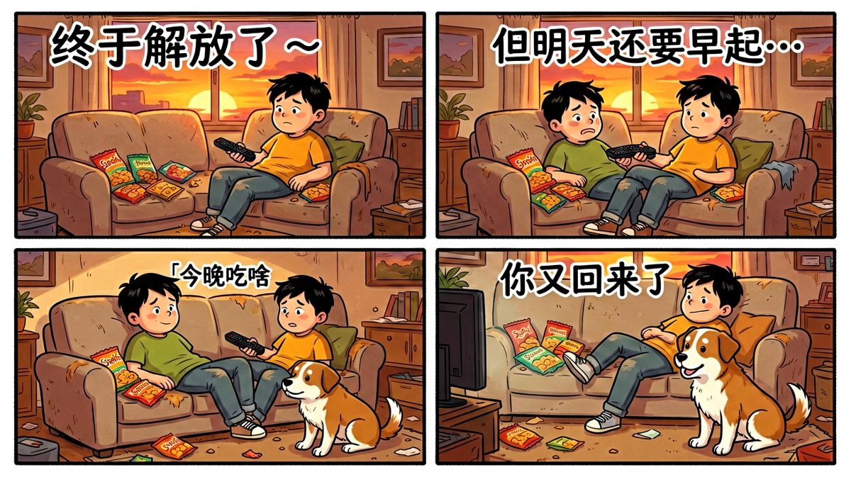 第4格：下班瘫倒，但灵魂还在打工。