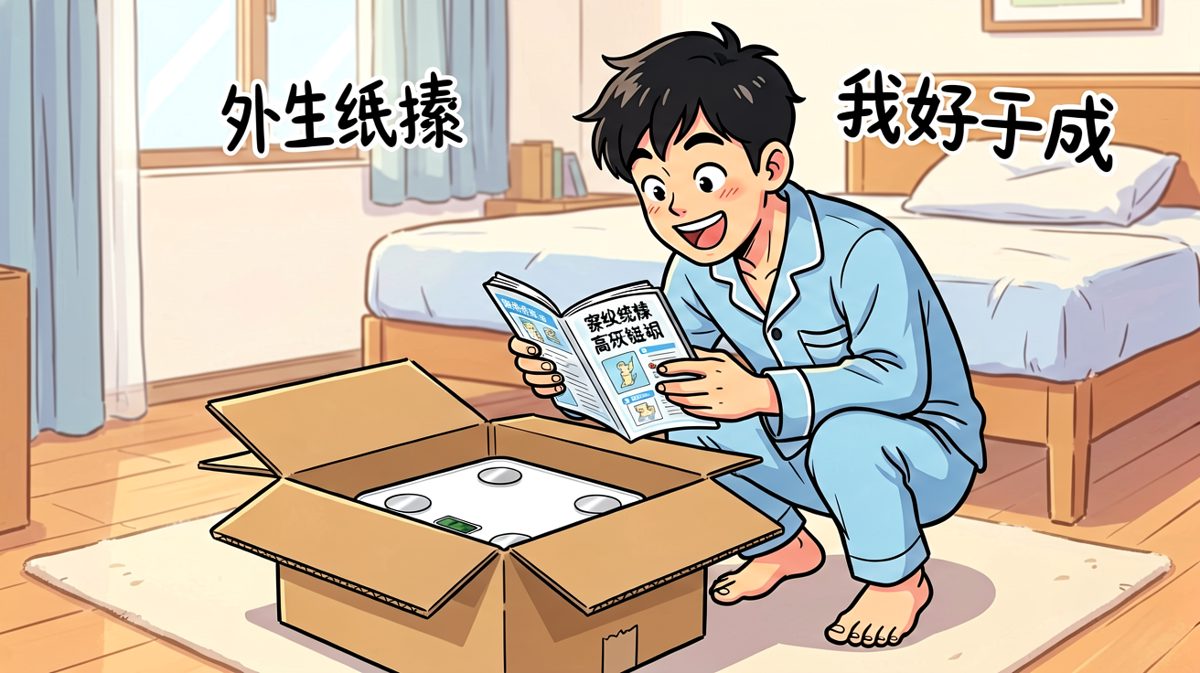 小明收到心心念念的「智能体脂秤」，满怀期待开箱。