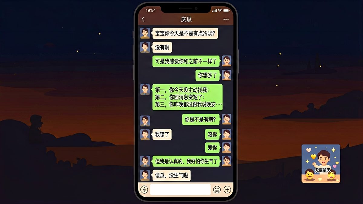 男生脑补大戏上身，从'你不爱我了'到'滚'再到'爱你'的过山车