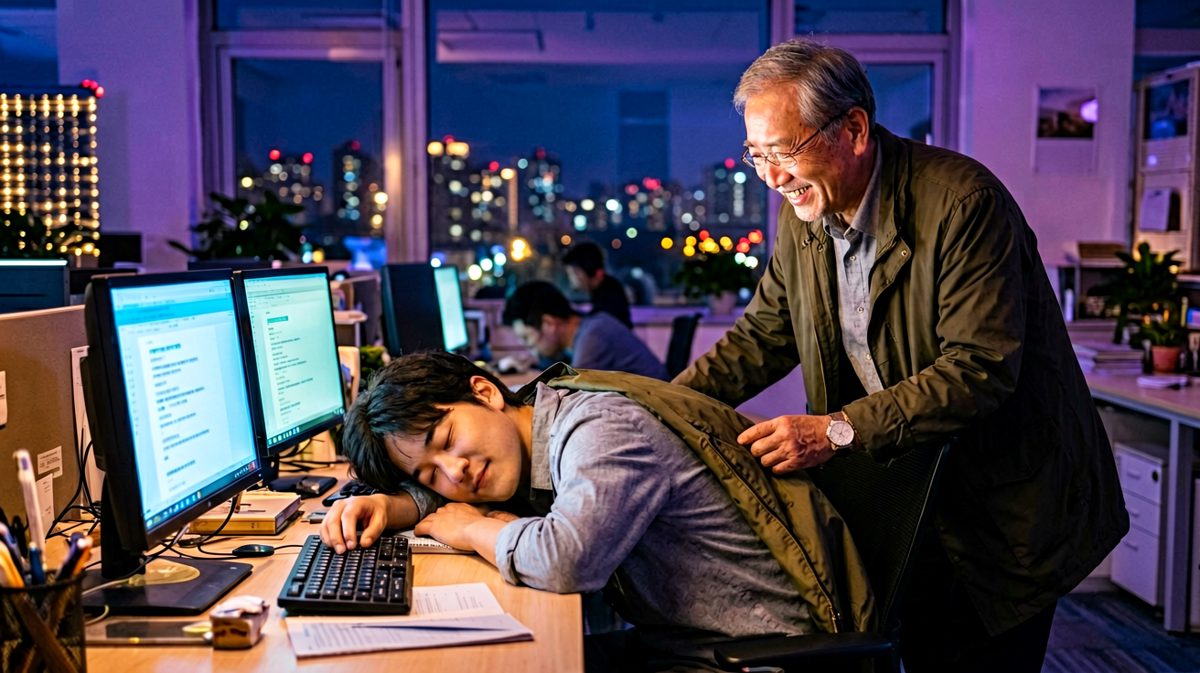 第二天老板在群里表扬："某某同学主动加班到凌晨，这种精神值得大家学习。"