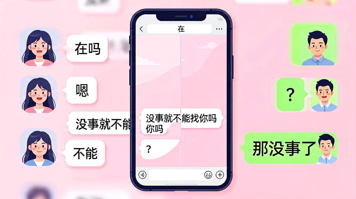 女生：在吗 → 男生：嗯 → 女生：没事就不能找你吗 → 男生：不能 → 女生：那没事了