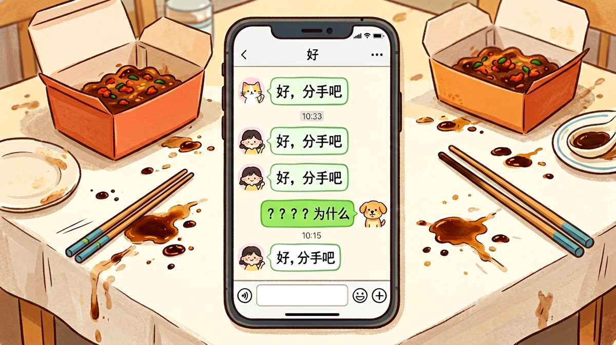 女方连发三条'分手吧'，男方慌了神，原来只是问'火锅还是烤肉'——聊天记录截图