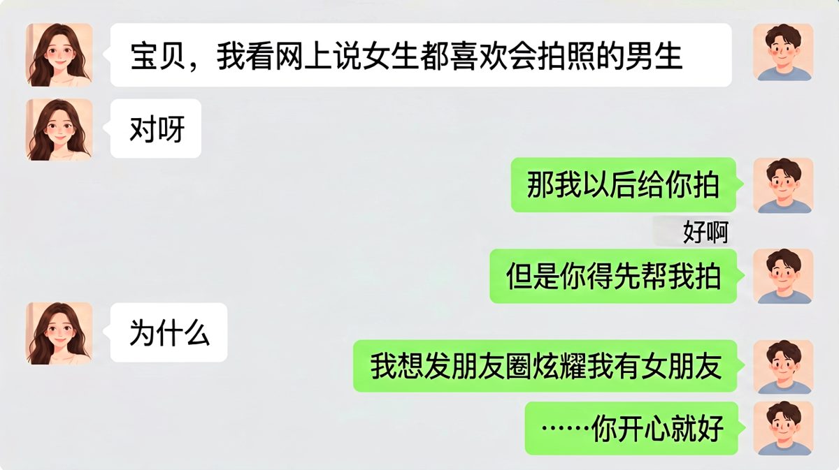 拍照为借口，秀恩爱才是目的，直男套路藏得深