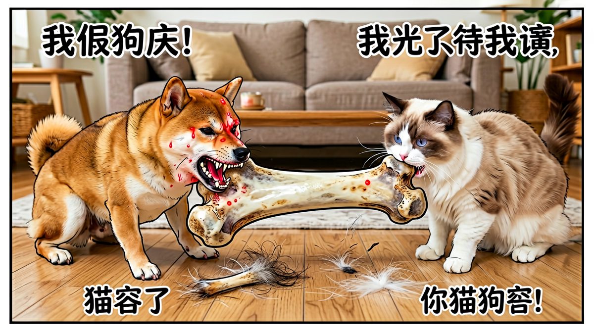 狗：这是我的！猫：明明是我先看到的！骨头：你们能不能商量一下。