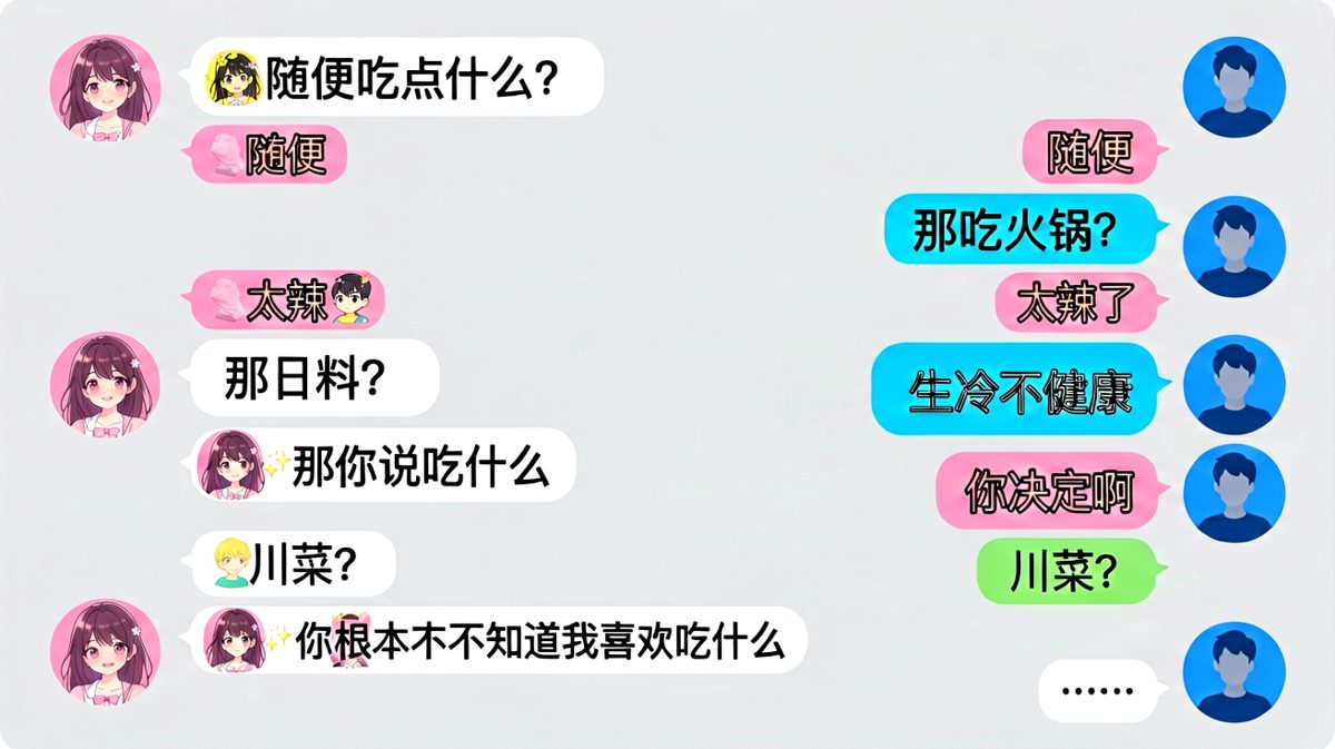 "随便"是情侣间最危险的词汇，男生全程懵圈直到被最后一击