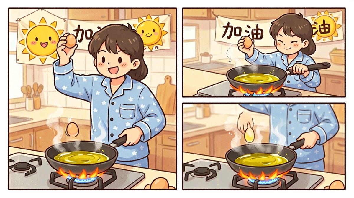主角自信满满，准备大显身手煎个完美荷包蛋。