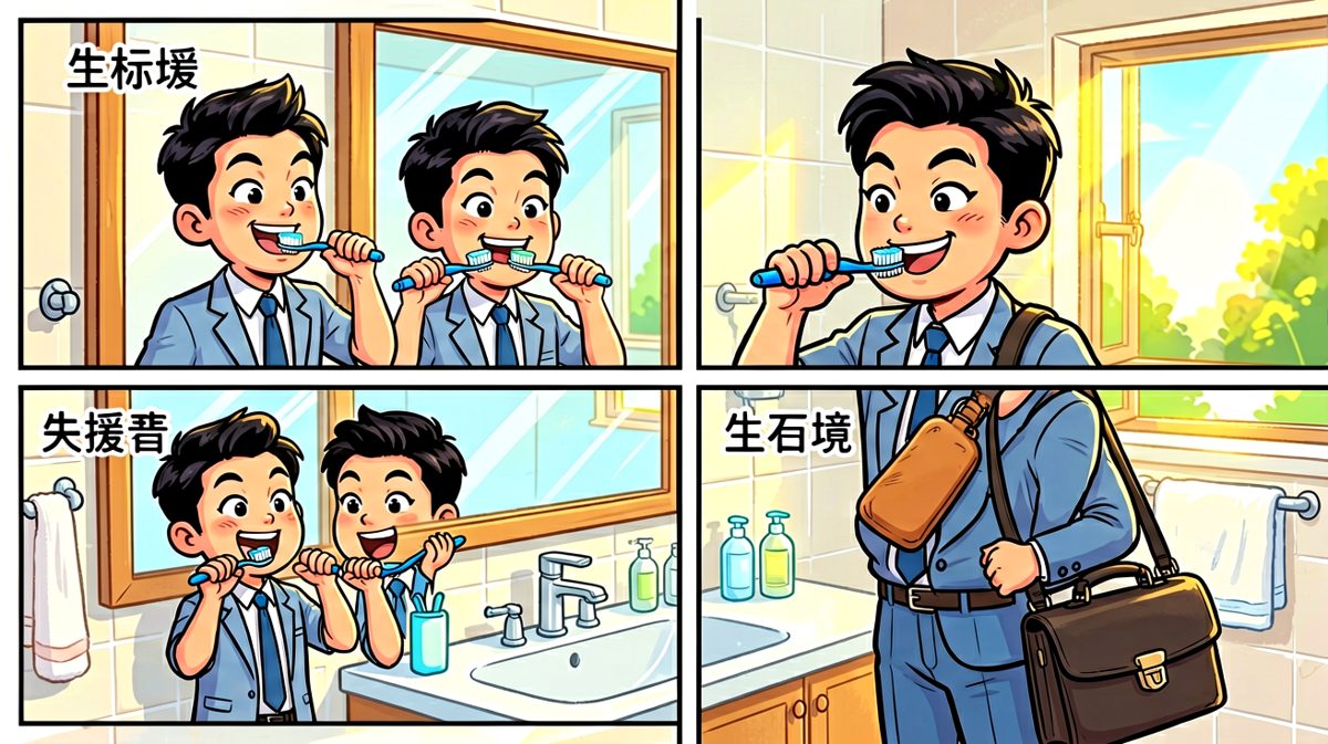 第2格：主角元气满满，信心十足地出门上班。