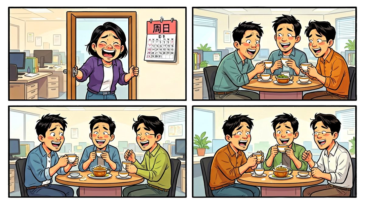 第3格：主角走进办公室，发现今天是周日！