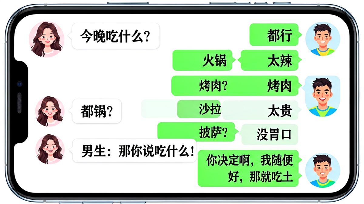 “今晚吃什么”终极对决，男生的“随便”最终触发女朋友的致命反击。