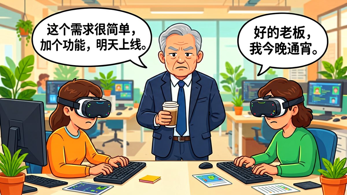 老板：需求很简单明天上线 → 员工：好的我通宵（实则打VR游戏）