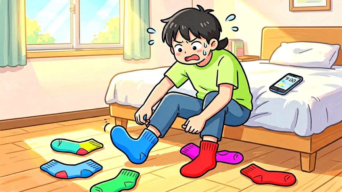 找袜子的过程=永远少一只，出门才发现穿反了。